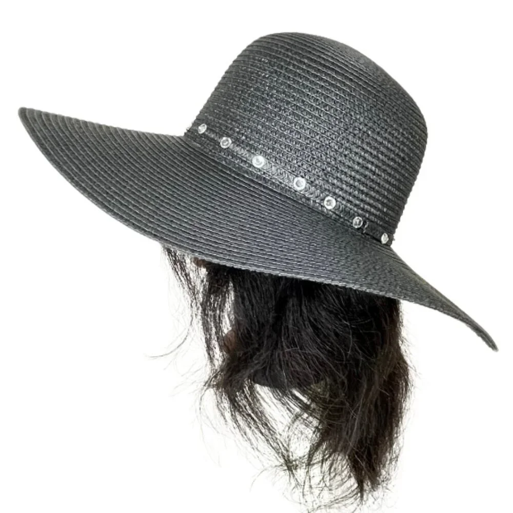 Boutique Gothic Wide Brim Black Straw Sun Hat Rhinestone Crystal Embellished